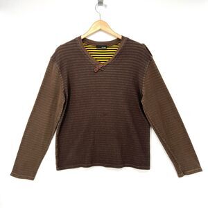 Brown Yellow Striped V Neck Henley Sweater Button Detail Mens Size M Net Man
